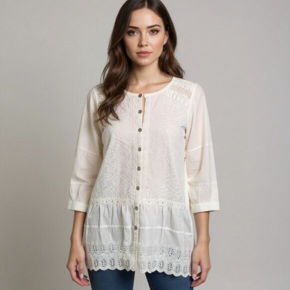 LOGO Lavish by Lori Goldstein White Button Front Knit Sleeves Eyelet Hem Top XS - Picture 1 of 15